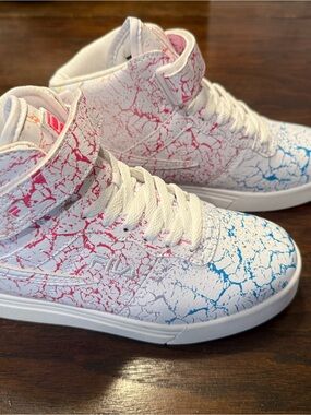 FILA Vulc 13 Marble All Over Kids High Top Sneakers White Pink Blue Yellow US 4